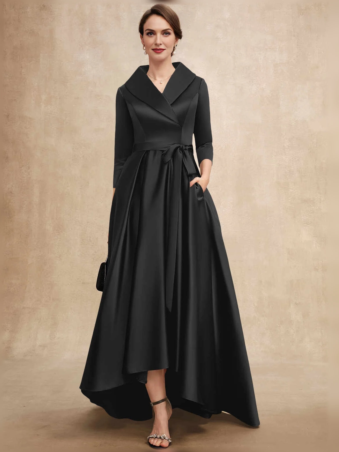 Bow V Neck A-Line High-Low Satin Mother of the Bride Dress for Destination Wedding