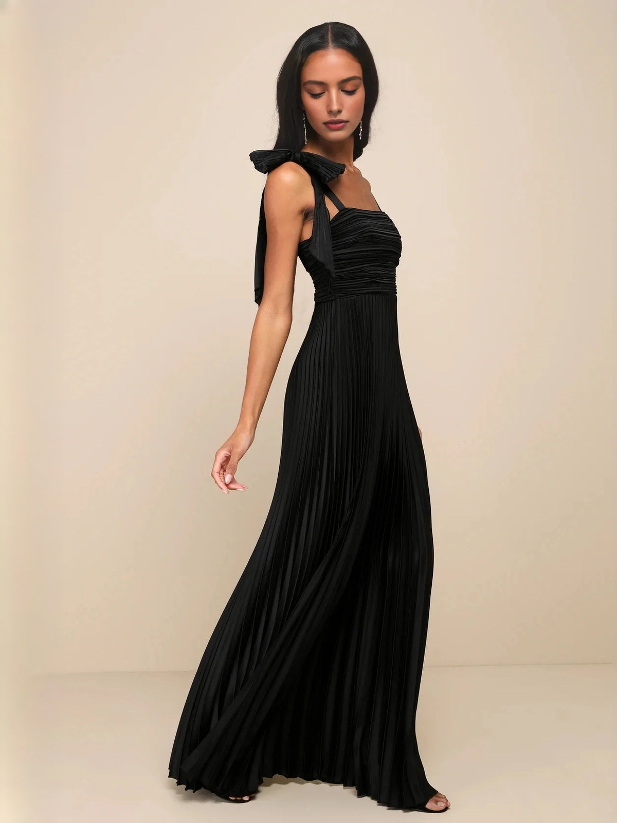 Ruched Pleated Square Neck A-Line Maxi Satin Bridesmaid Dress for Garden Wedding