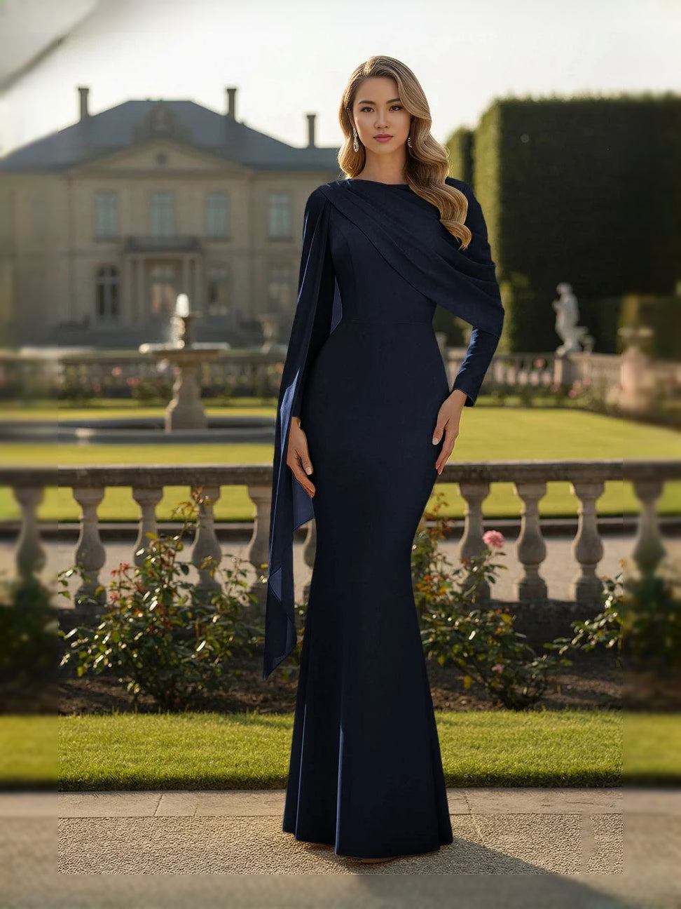 Pleated Draped Bateau Neck Mermaid Floor-Length Satin Mother of the Bride Dress for Gala Dinner