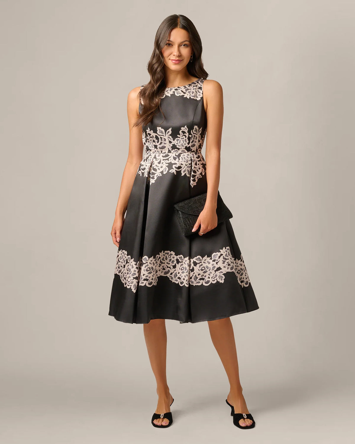 Floral Print Lace Detail Fit-and-Flare Midi Mother of the Bride Dress for Formal Reception
