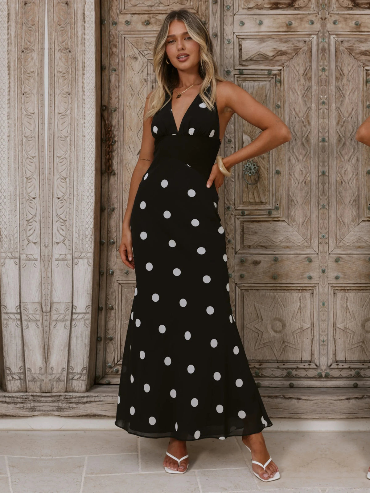 Black White Polka Dot Halter Neck A-Line Maxi Formal Dress