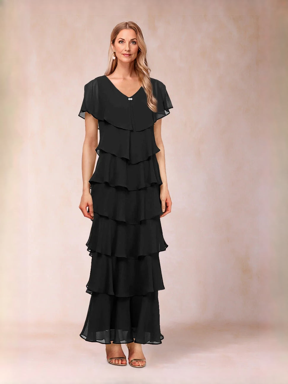 Tiered Ruffled V Neck A-Line Maxi Chiffon Mother of the Bride Dress for Reception Dinner