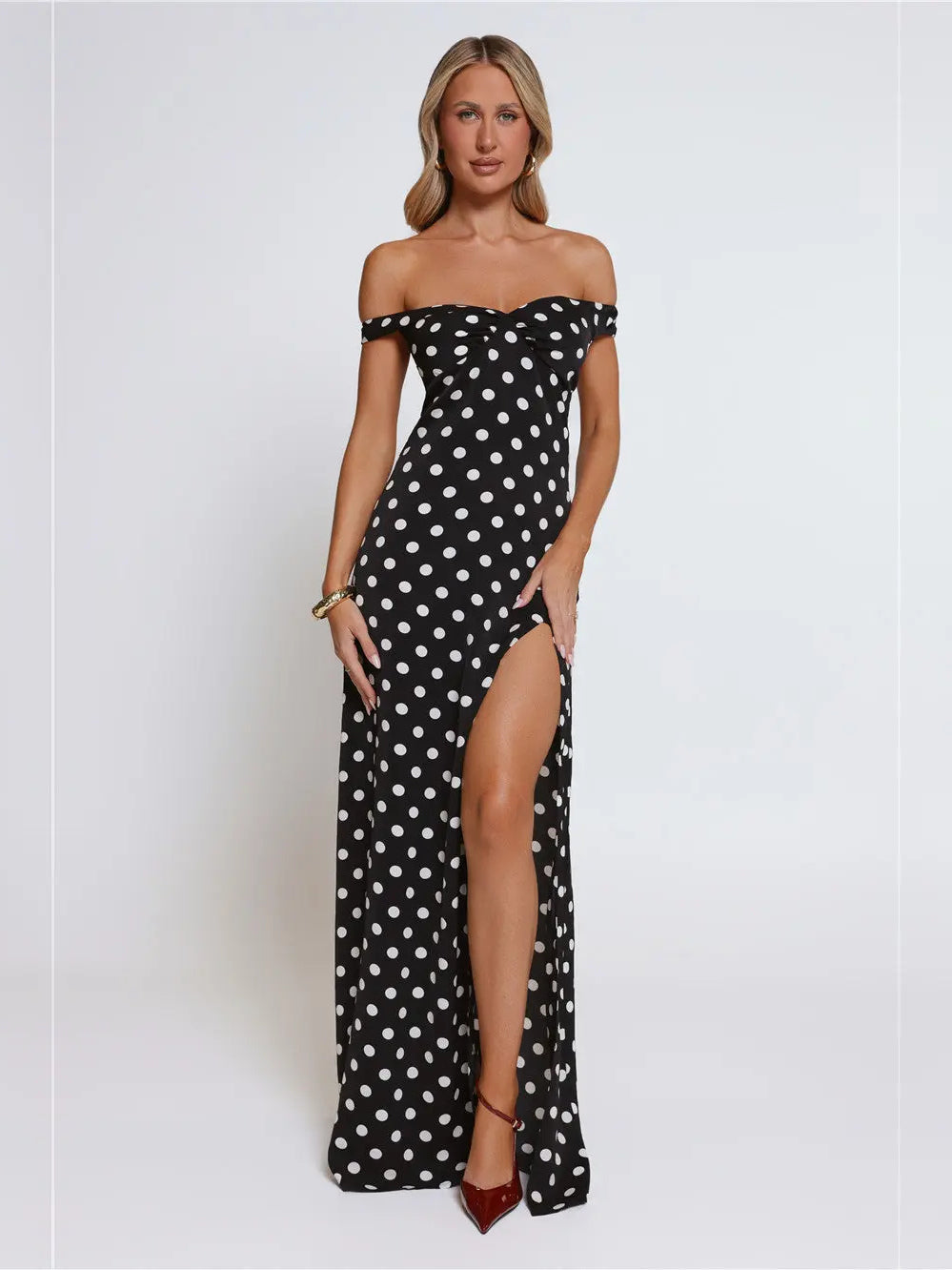 Black Polka Dot Off-The-Shoulder Slit Maxi Formal Dress