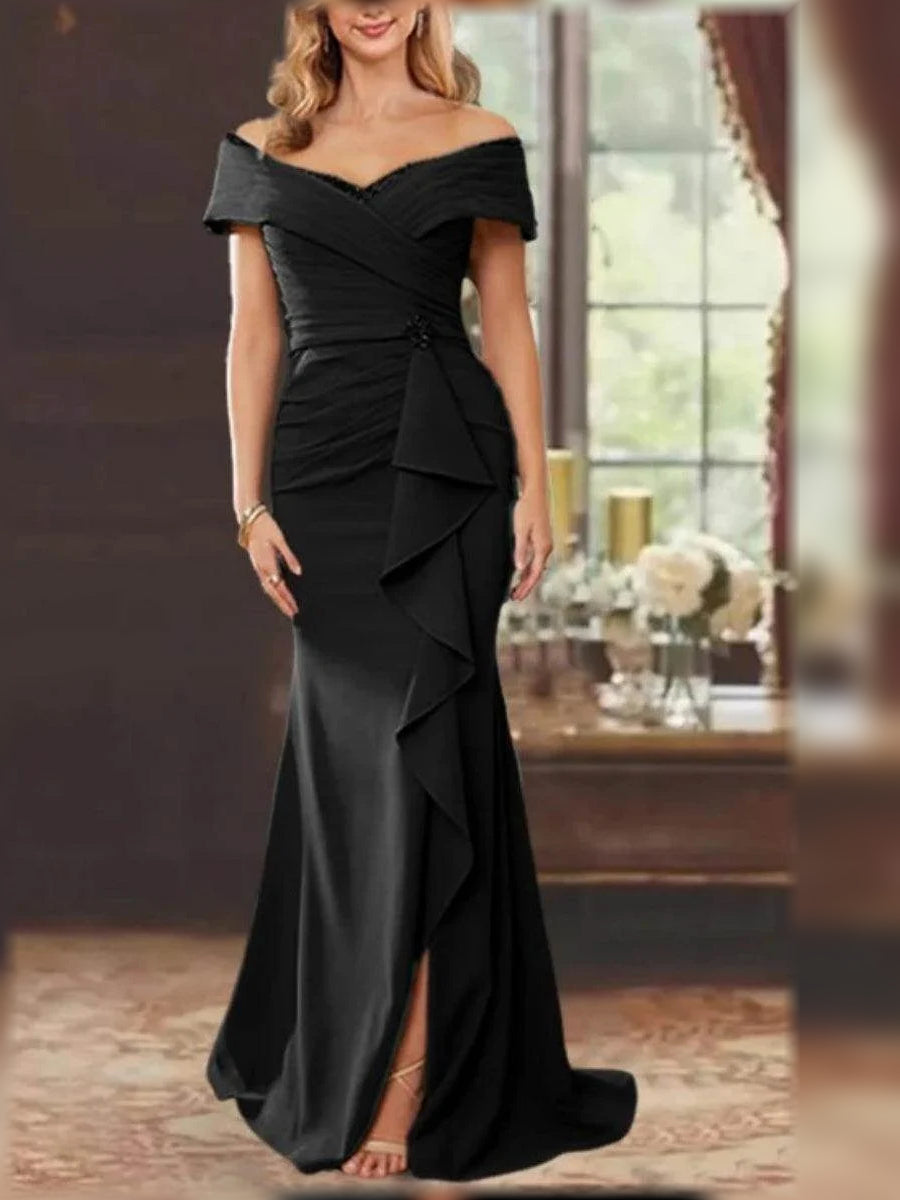 Ruched Draped Ruffled Slit Off Shoulder Mermaid Floor-Length Mother of the Bride Dress for Wedding Weekend