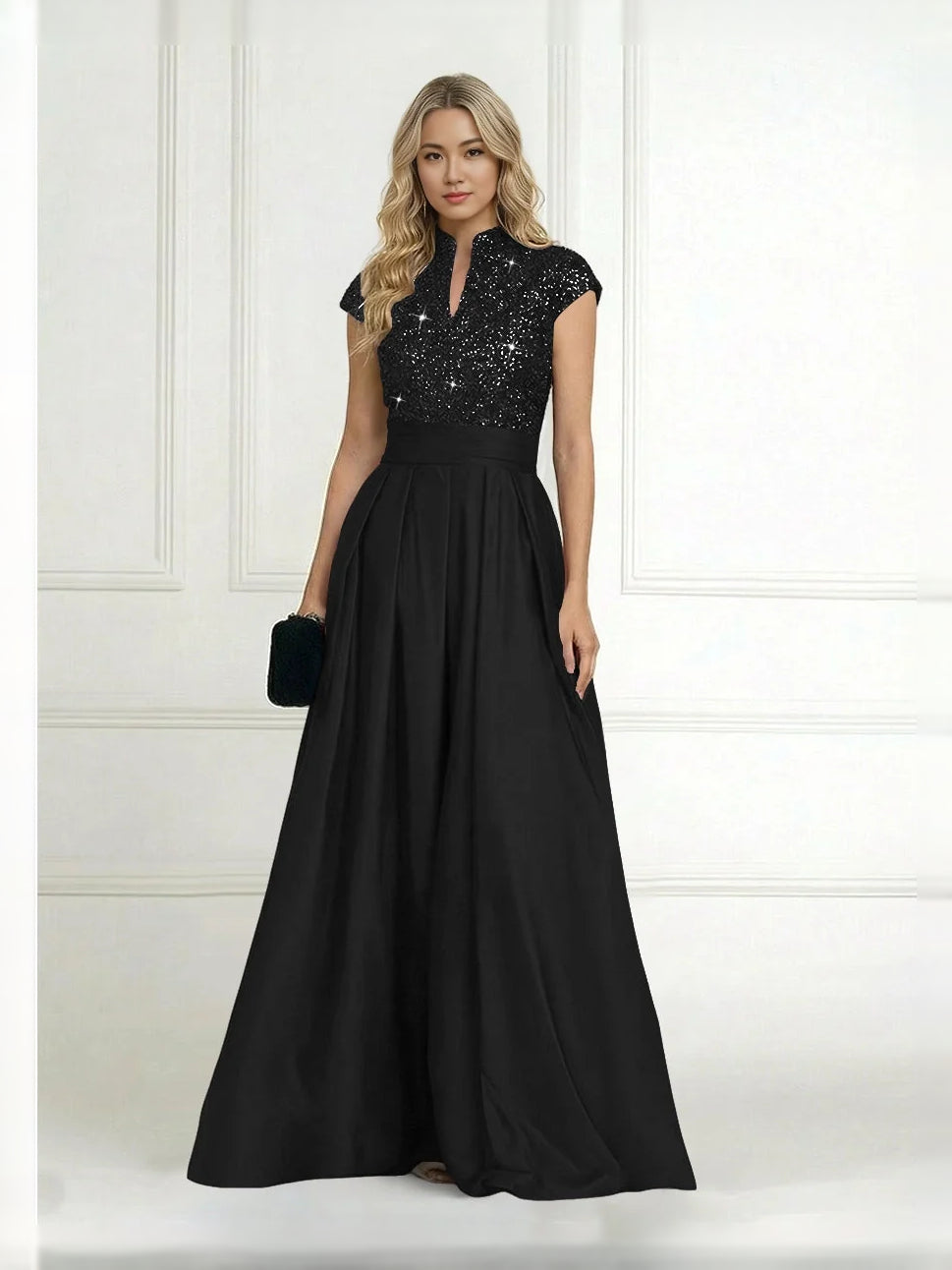Pleated Sequin High Neck A-Line Floor-Length Satin Mother of the Bride Dress for Ceremony Dinner