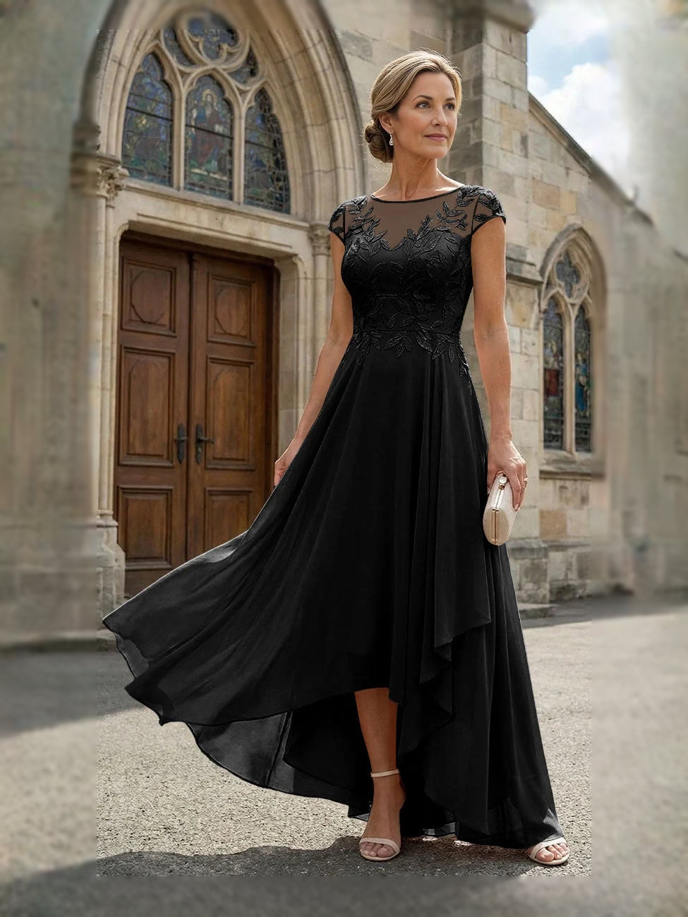 Embroidered V Neck A-Line High-Low Chiffon Mother of the Bride Dress for Reception Dinner