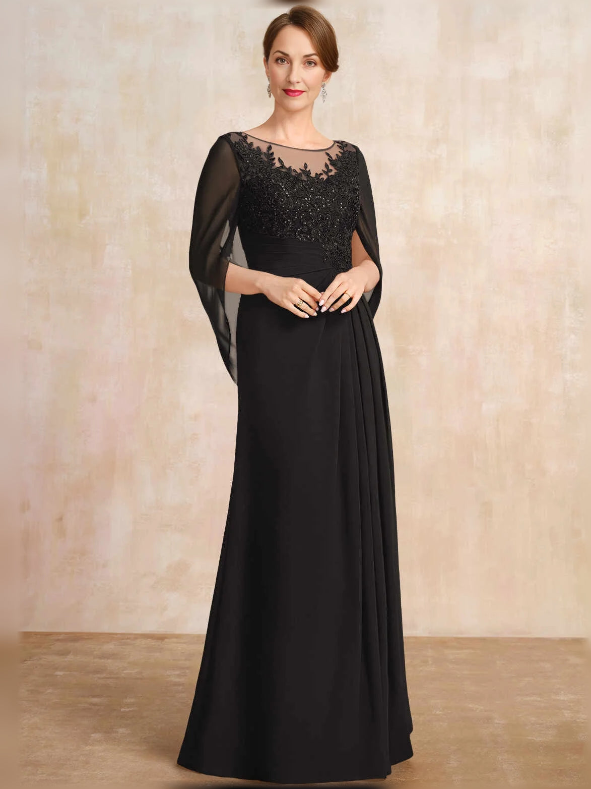 Pleated Draped Illusion Neck A-Line Floor-Length Chiffon Mother of the Bride Dress for Church Wedding