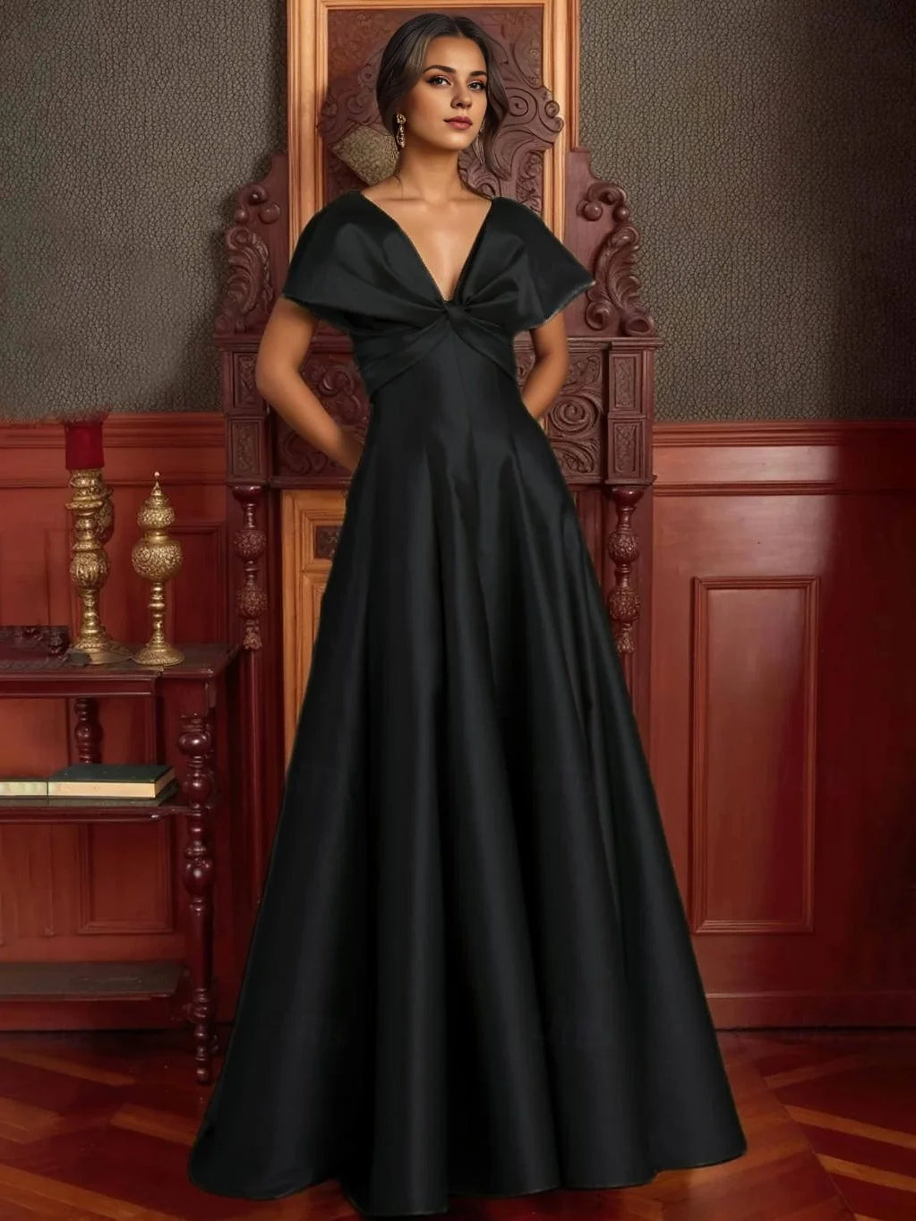 V Neck A-Line Floor-Length Satin Prom Dress for Spring Formal