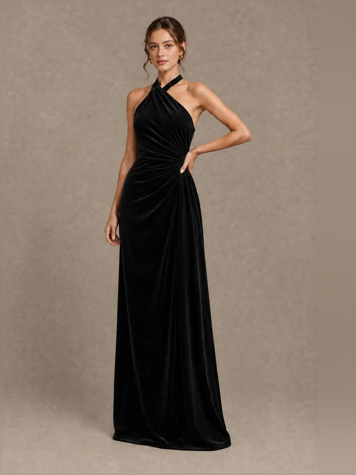 Ruched Draped V Neck Sheath Floor-Length Velvet Bridesmaid Dress for Formal Wedding