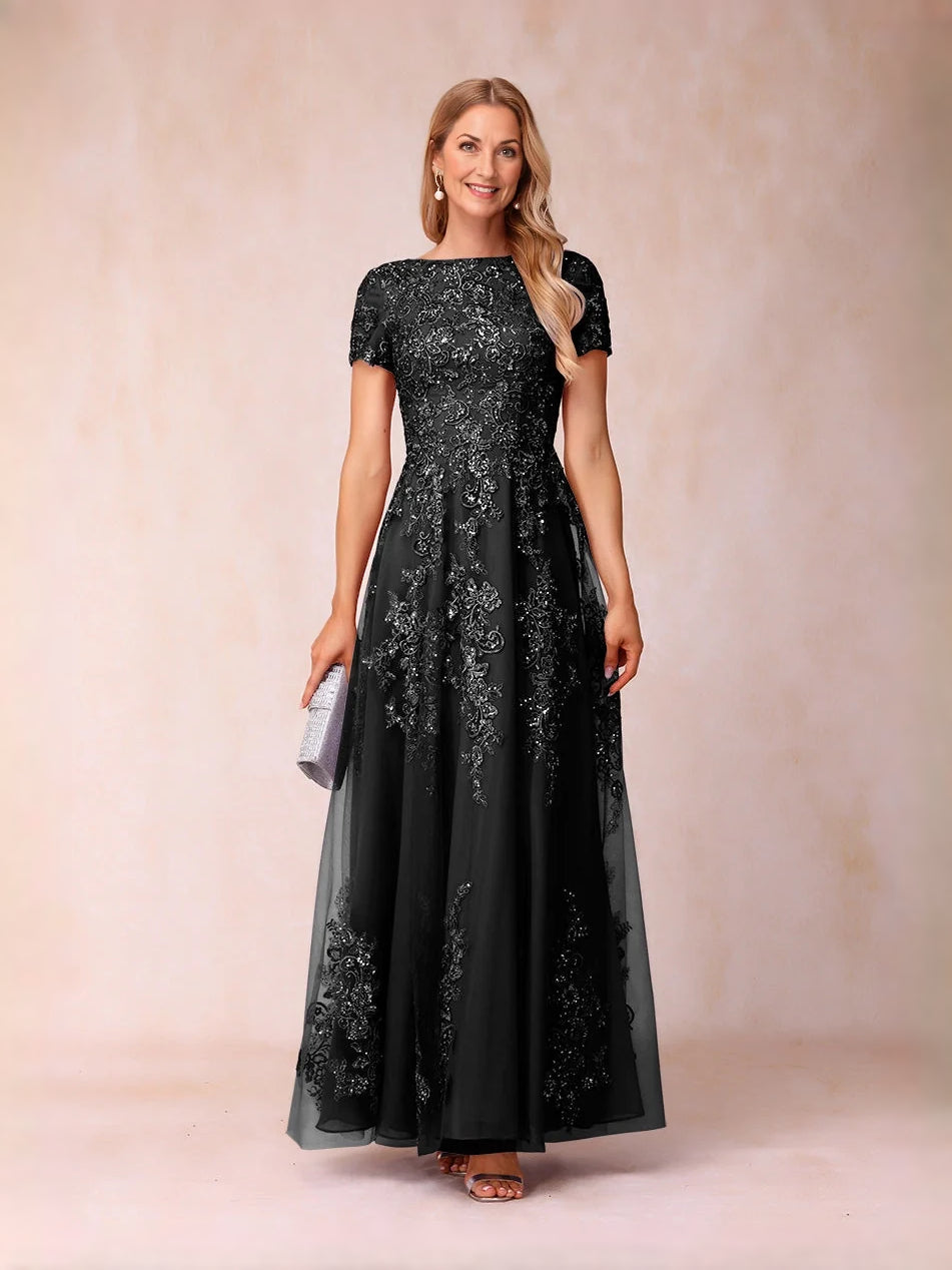 Sequin Floral Bateau Neck A-Line Floor-Length Tulle Mother of the Bride Dress for Seaside Wedding
