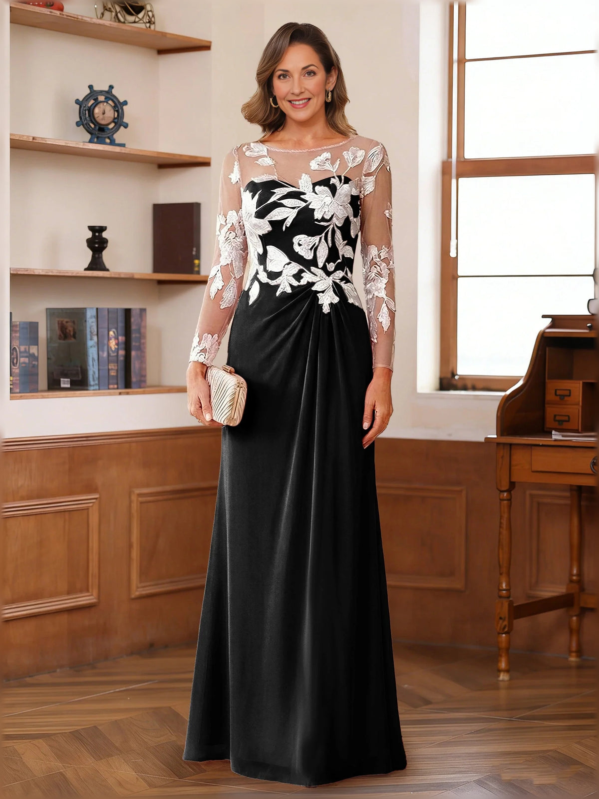 Floral Long-Sleeve A-Line Floor-Length Chiffon Mother of the Bride Dress for Evening Reception