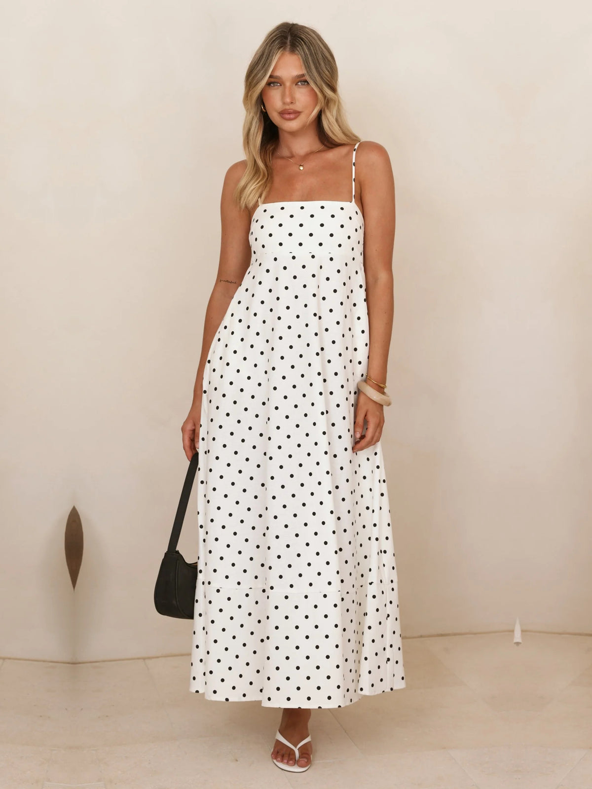 White Black Polka Dot Spaghetti Strap Sheath Maxi Formal Dress