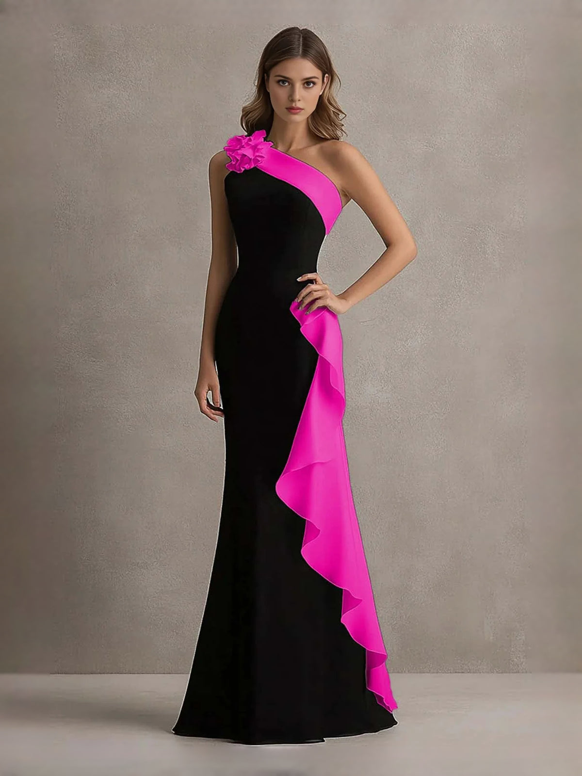 Draped Ruffled Floral One Shoulder Mermaid Floor-Length Prom Dress for Gala