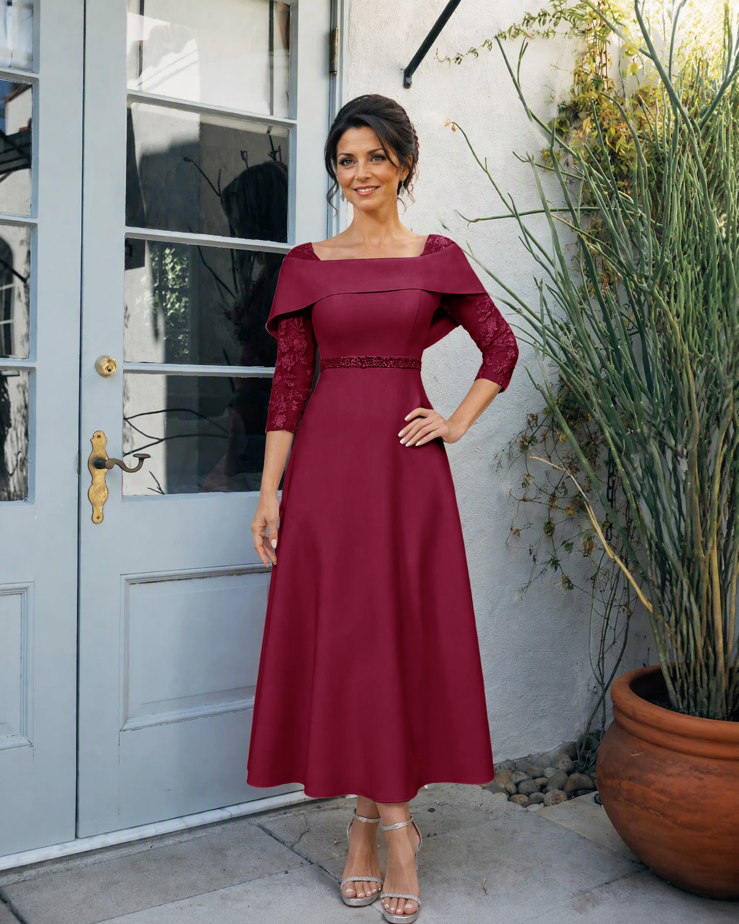 Off-Shoulder Tea-Length A-Line Mother of the Bride Dress with Lace Sleeves
