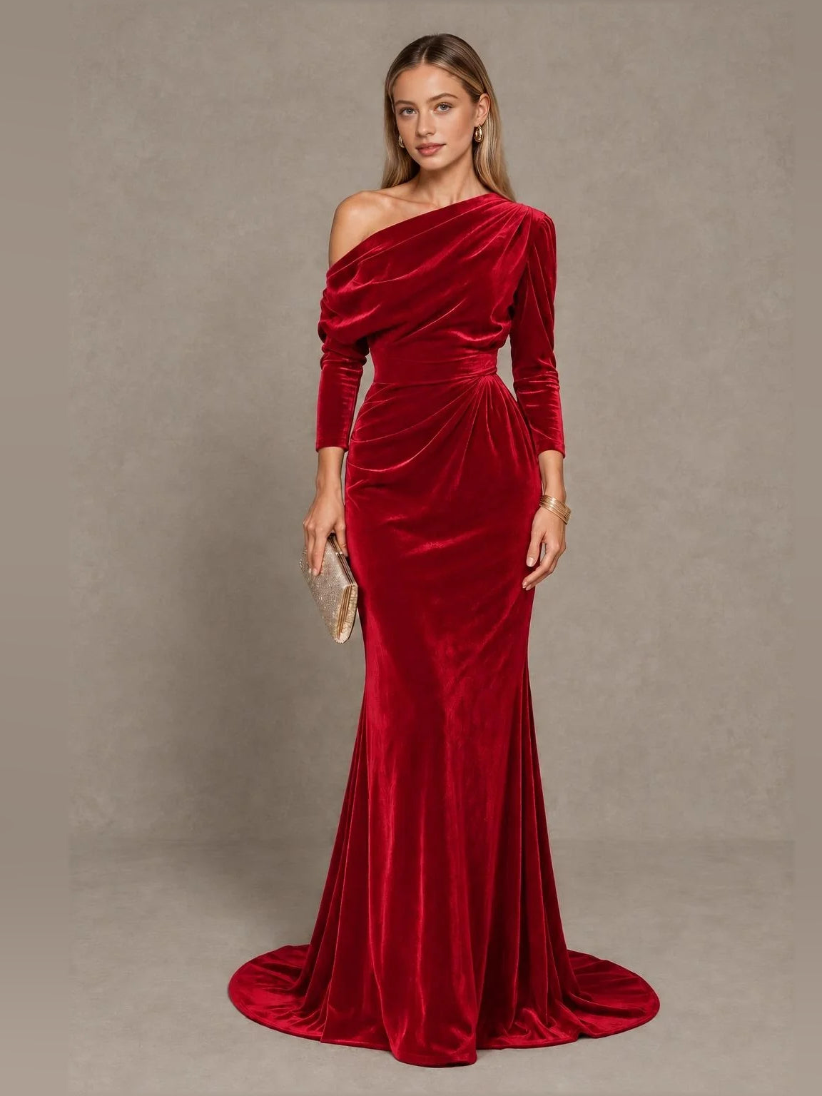 Draped One Shoulder Mermaid Floor-Length Velvet Bridesmaid Dress for Bridal Party