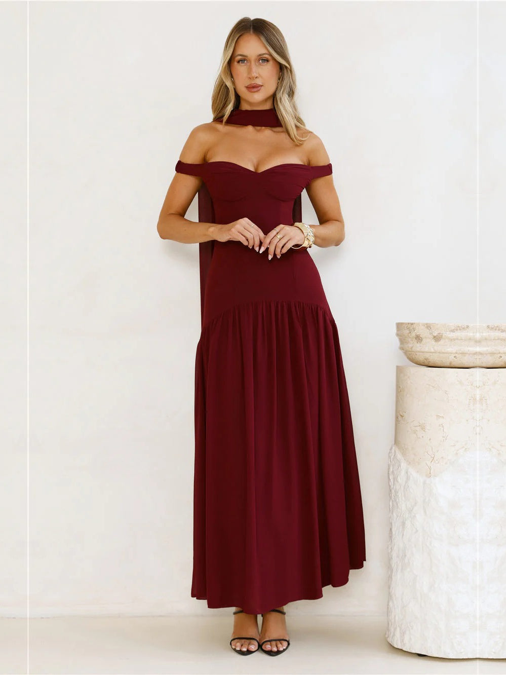 Burgundy Off-The-Shoulder Pleats A-Line Maxi Formal Dress