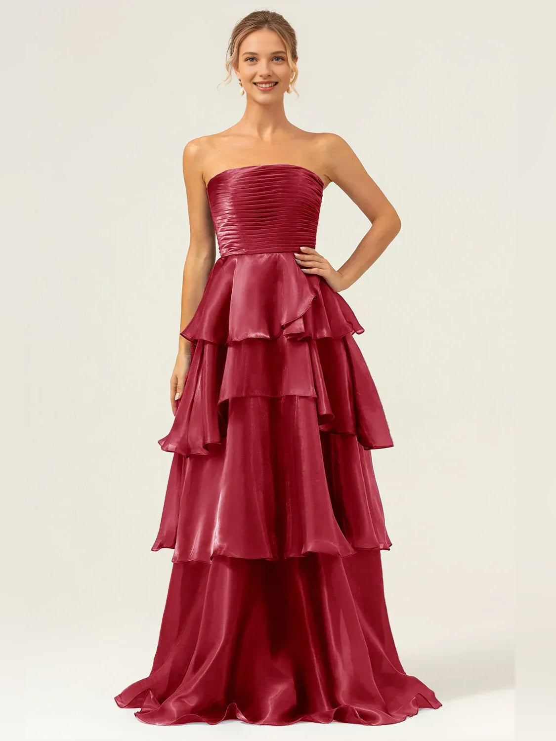 Ruched Tiered Ruffled Strapless A-Line Floor-Length Organza Prom Dress for Pageant