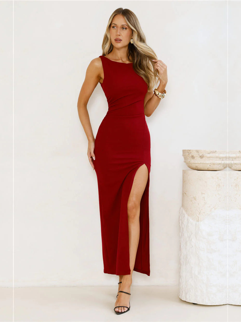 Burgundy Slit Sheath Maxi Formal Dress