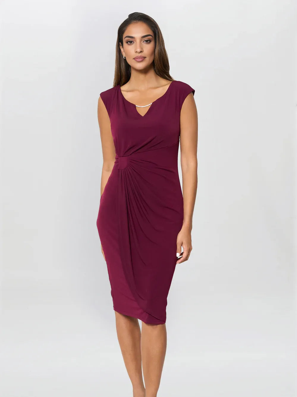 Ruched Rhinestone V Neck Sheath Knee-Length Mother of the Bride Dress for Rehearsal Dinner