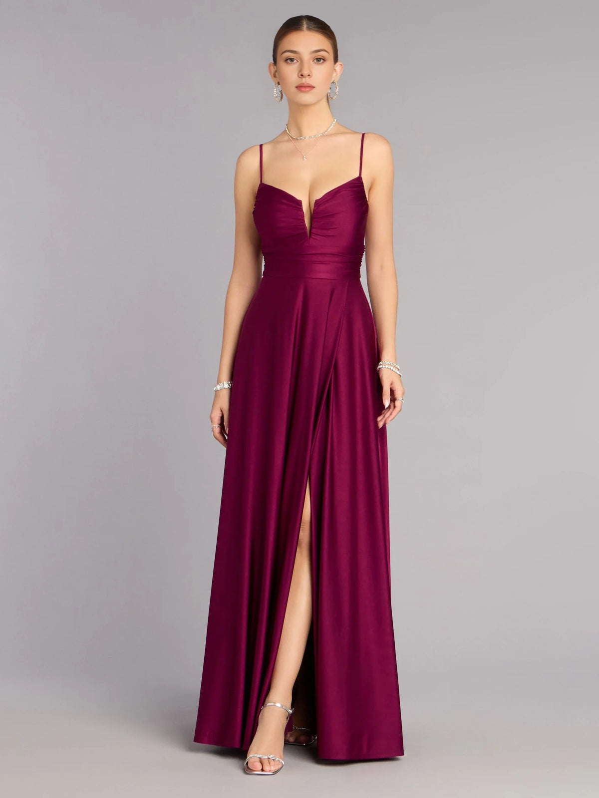 Ruched Draped Slit V Neck A-Line Maxi Prom Dress for Evening Banquet
