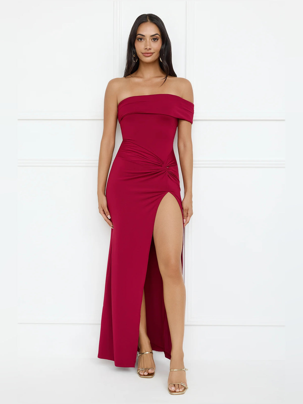 Burgundy Off-The-Shoulder Slit Sheath Maxi Formal Dress