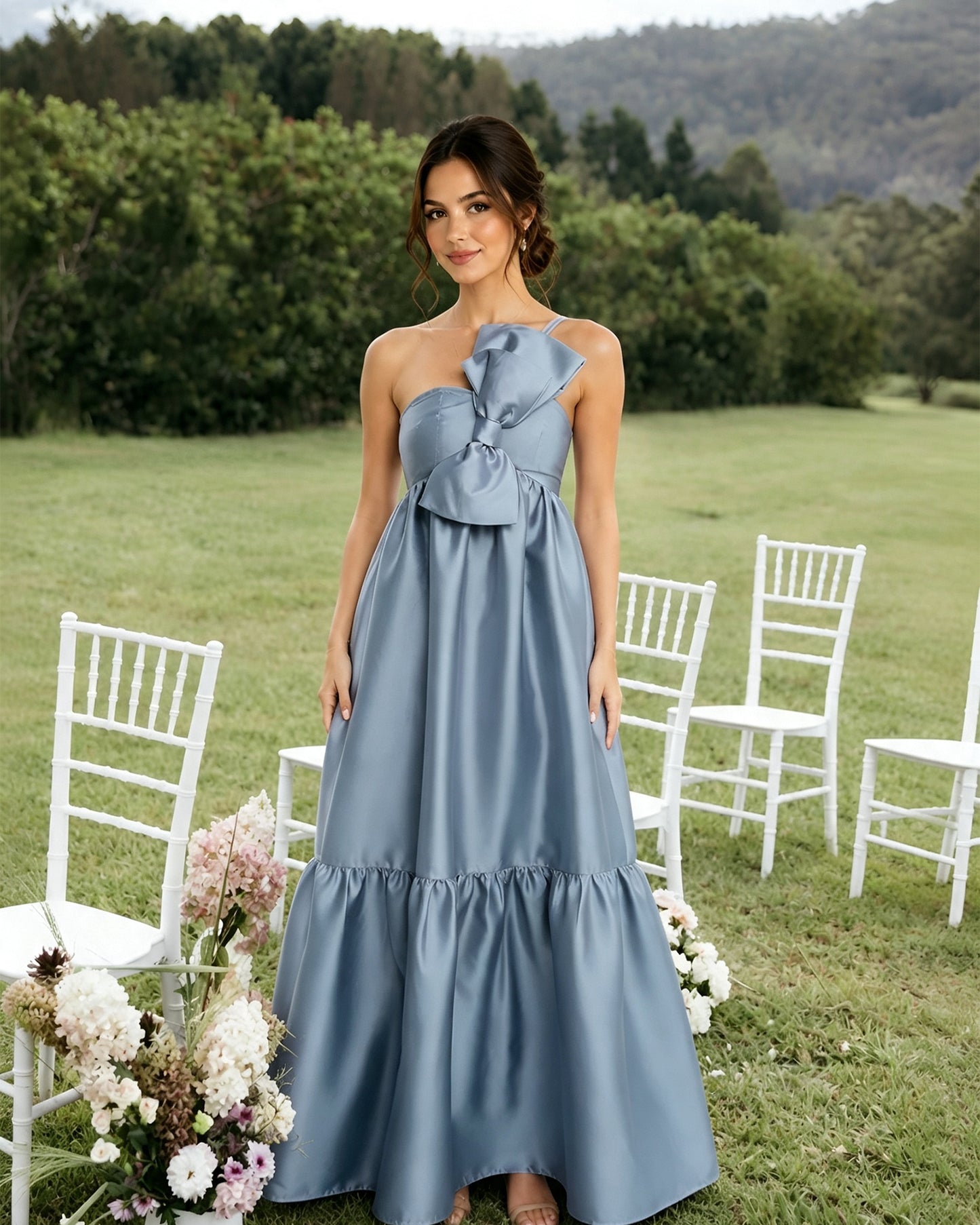 One-Shoulder Satin A-Line Bridesmaid Dress with Statement Ruffle