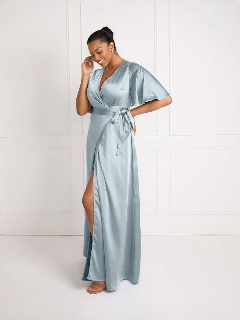 Slit V Neck Wrap Floor-Length Satin Bridesmaid Dress for Wedding Reception