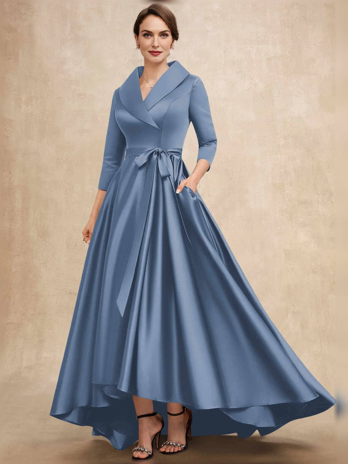 Bow V Neck A-Line High-Low Satin Mother of the Bride Dress for Destination Wedding
