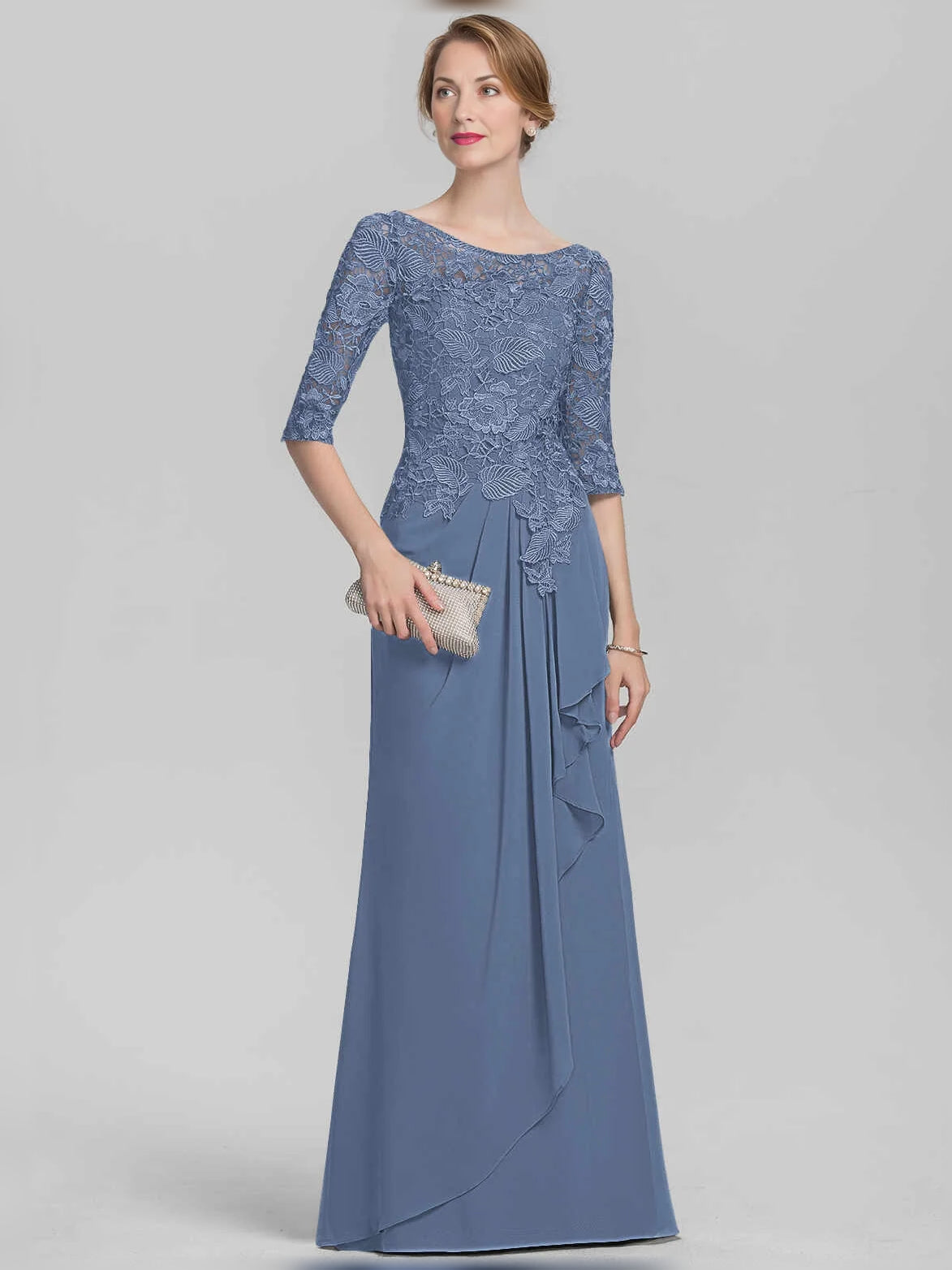 Draped Bateau Neck Sheath Floor-Length Chiffon Mother of the Bride Dress for Evening Reception