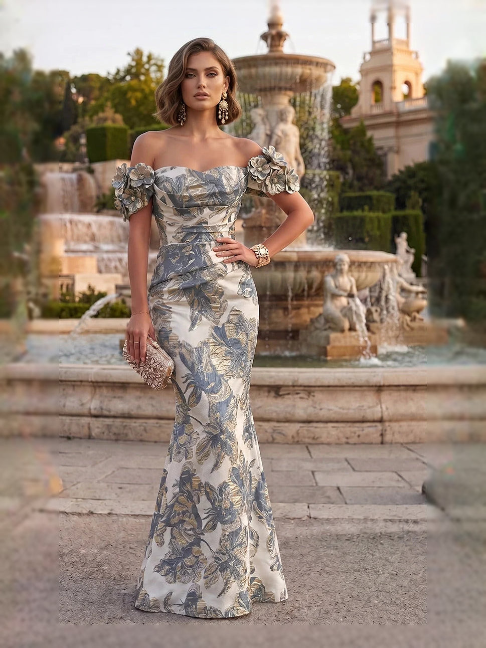 Ruched Flower-Applique Floral Off Shoulder Mermaid Floor-Length Mother of the Bride Dress for Bridal Luncheon