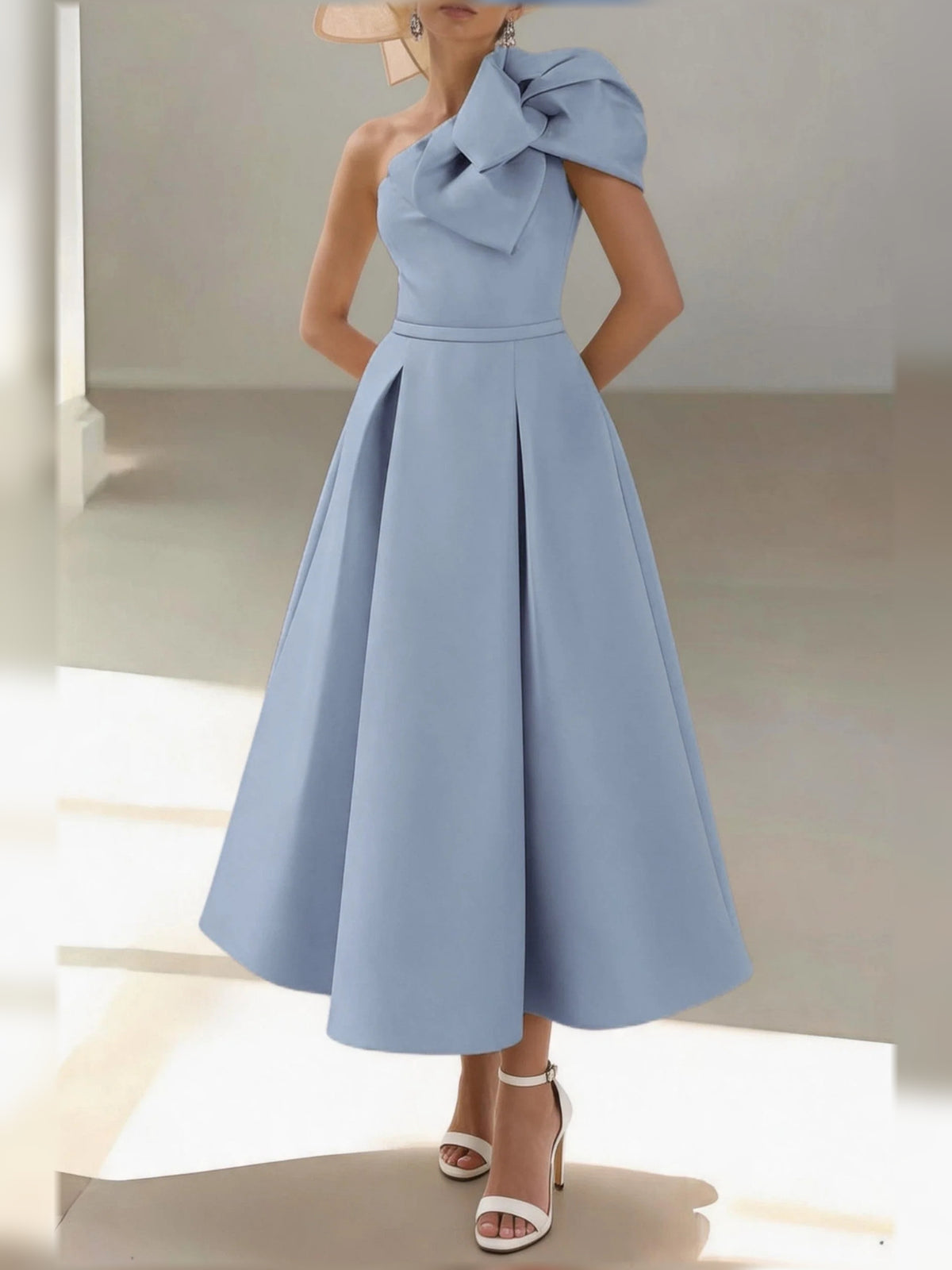 Pleated Draped One Shoulder A-Line Midi Satin Mother of the Bride Dress for Rehearsal Dinner