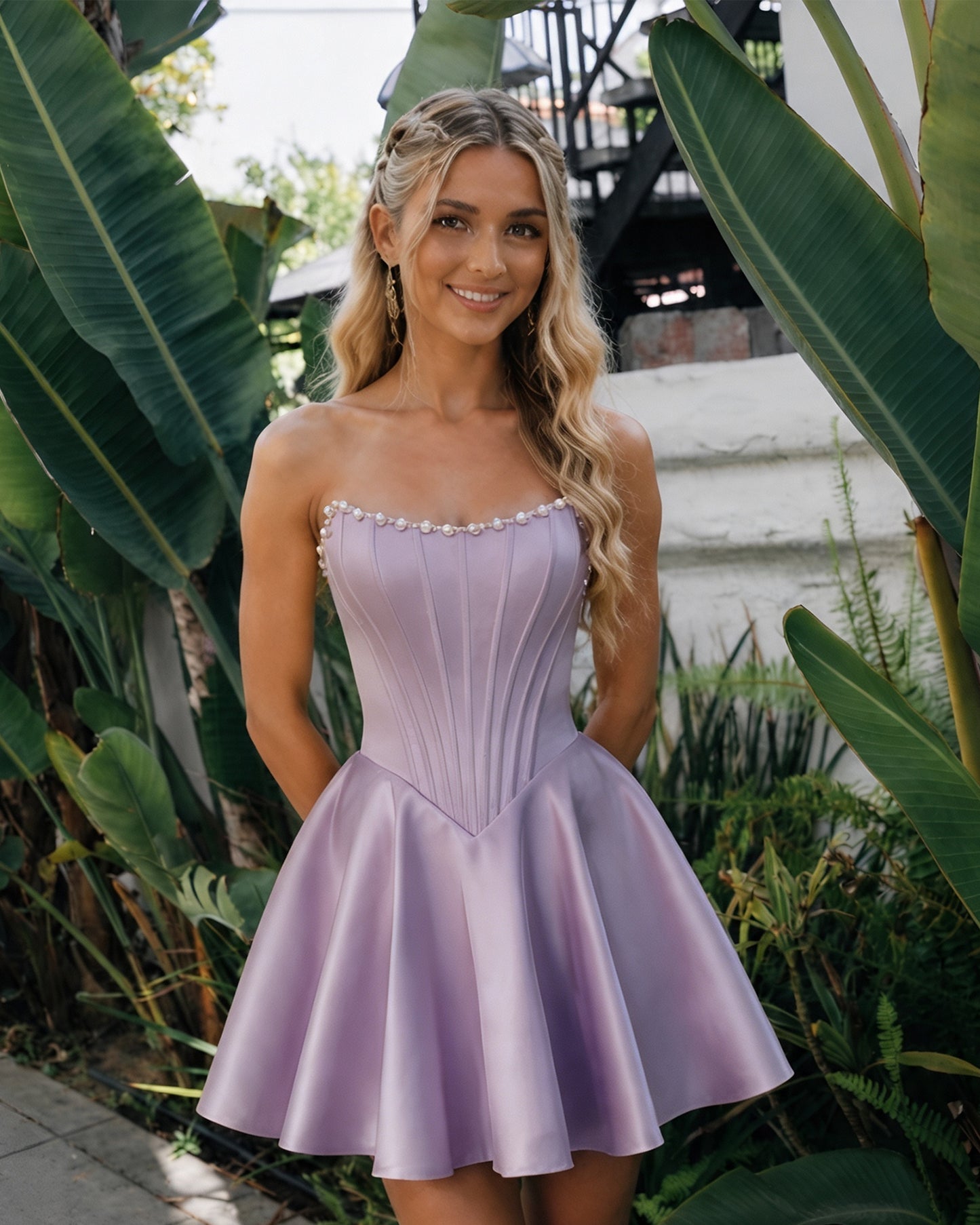 Strapless Pearl Trim Satin Corset Homecoming Dress