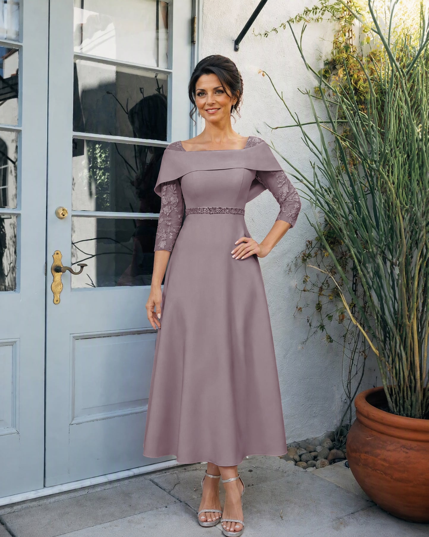Off-Shoulder Tea-Length A-Line Mother of the Bride Dress with Lace Sleeves