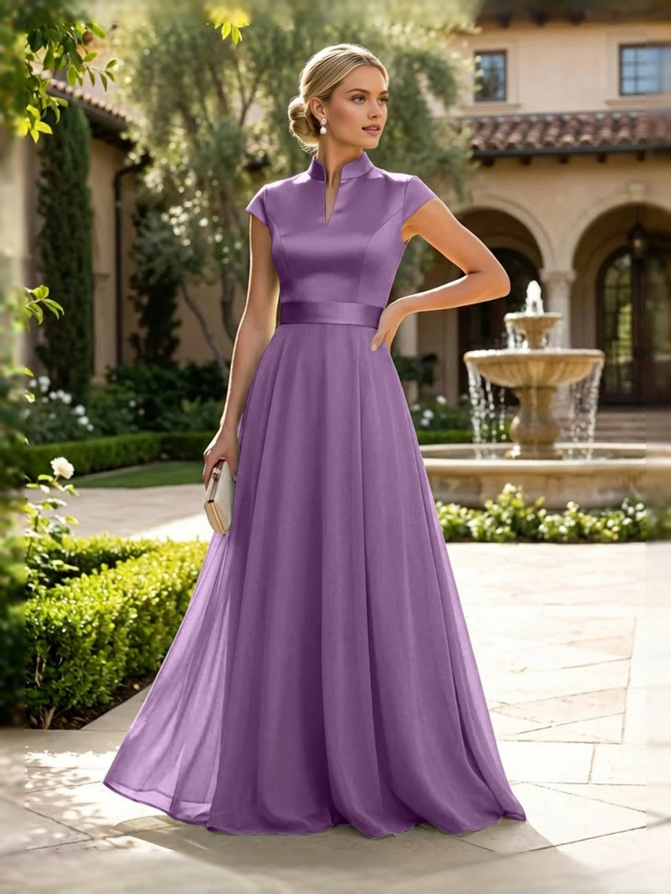 Slit High Neck A-Line Floor-Length Satin Mother of the Bride Dress for Bridal Luncheon