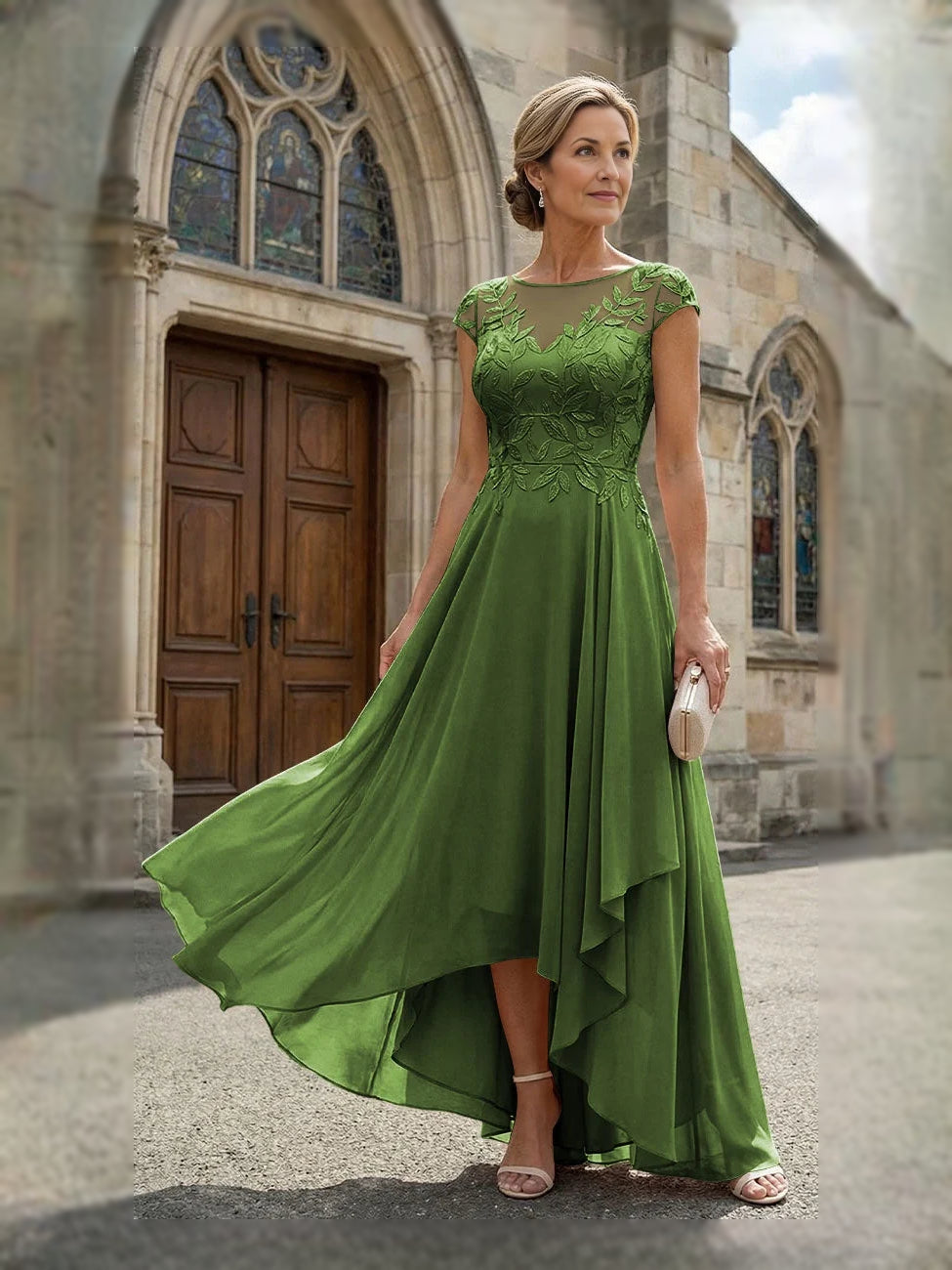 Embroidered V Neck A-Line High-Low Chiffon Mother of the Bride Dress for Reception Dinner