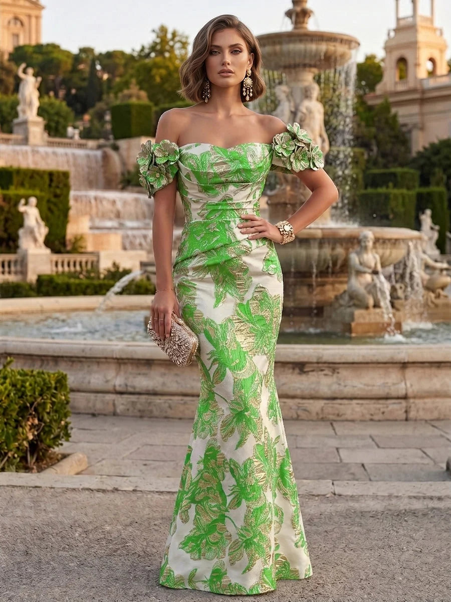 Ruched Flower-Applique Floral Off Shoulder Mermaid Floor-Length Mother of the Bride Dress for Bridal Luncheon