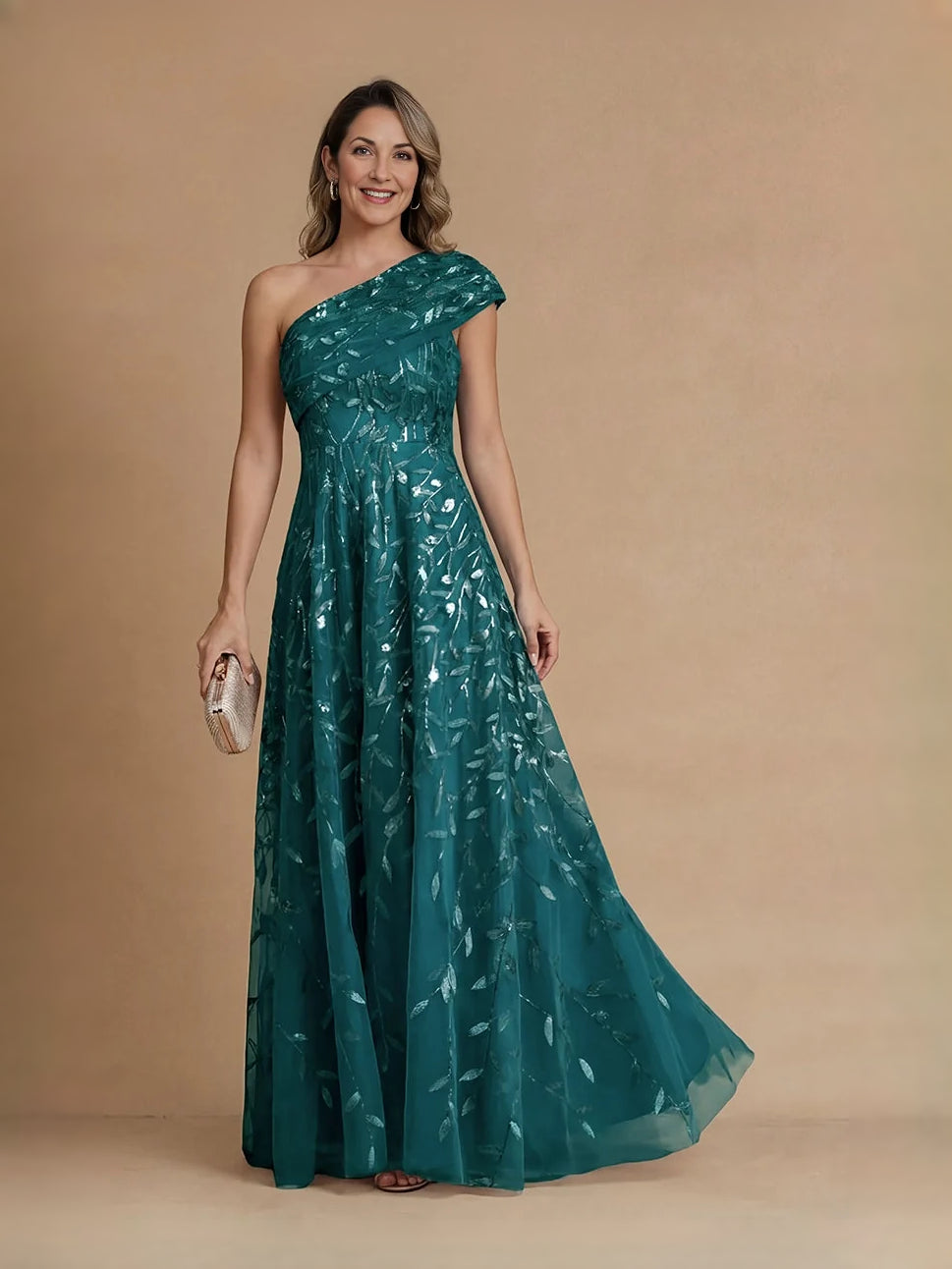 Draped Embroidered One Shoulder A-Line Maxi Tulle Mother of the Bride Dress for Formal Wedding
