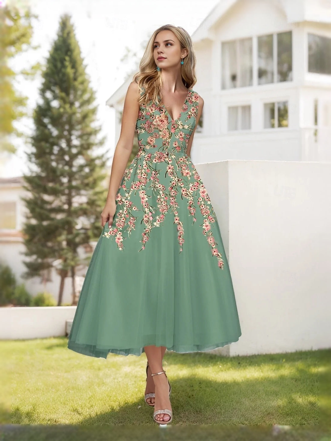 Jungle Green Embroidered Floral V Neck A-Line Midi Tulle Prom Dress for Formal Reception