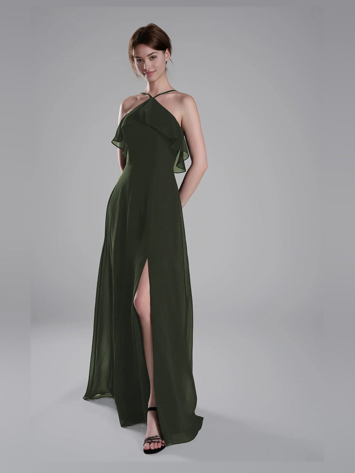Side-Slit Ruffled Slit Halter Neck A-Line Floor-Length Chiffon Bridesmaid Dress for Formal Wedding