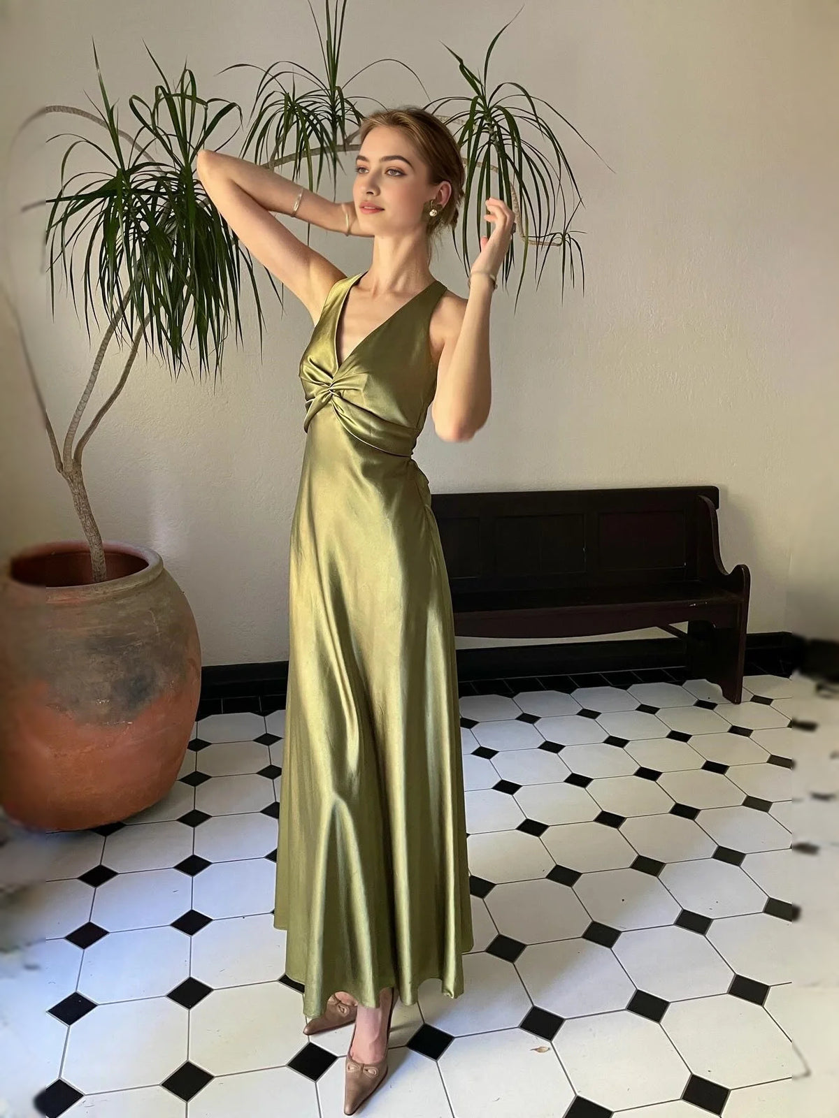 Bow V Neck Sheath Floor-Length Satin Bridesmaid Dress for Garden Wedding