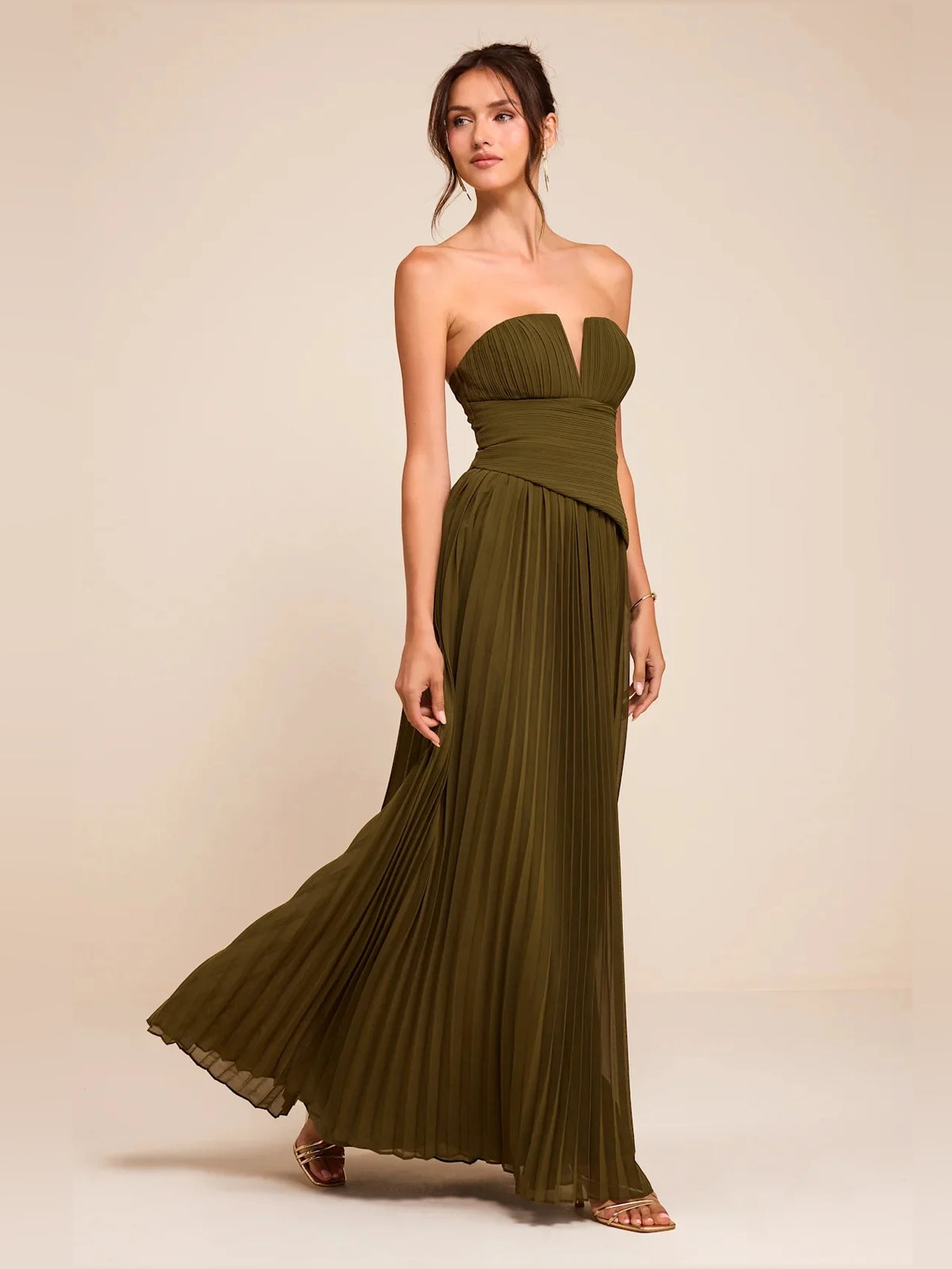 Ruched Pleated Draped Strapless A-Line Maxi Chiffon Bridesmaid Dress for Formal Wedding