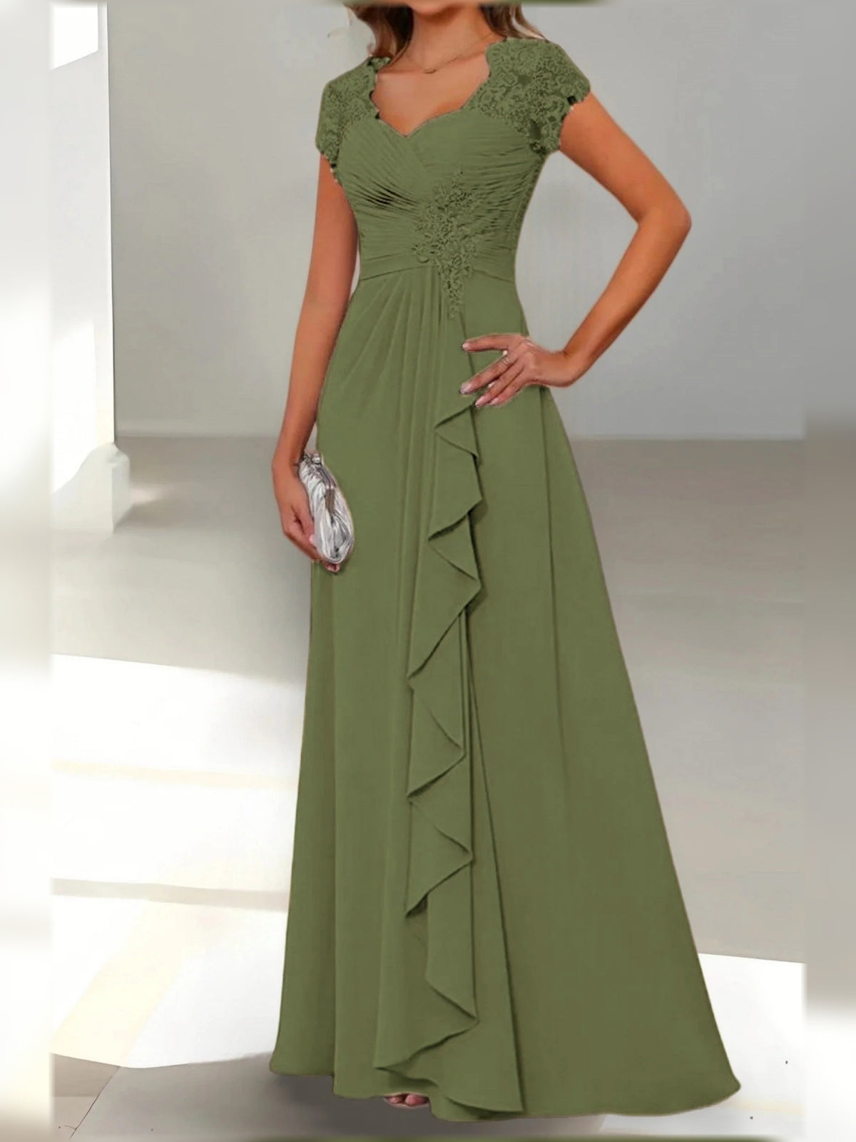 Ruched Draped Floral Ruffled V Neck A-Line Floor-Length Chiffon Mother of the Bride Dress for Wedding Celebration