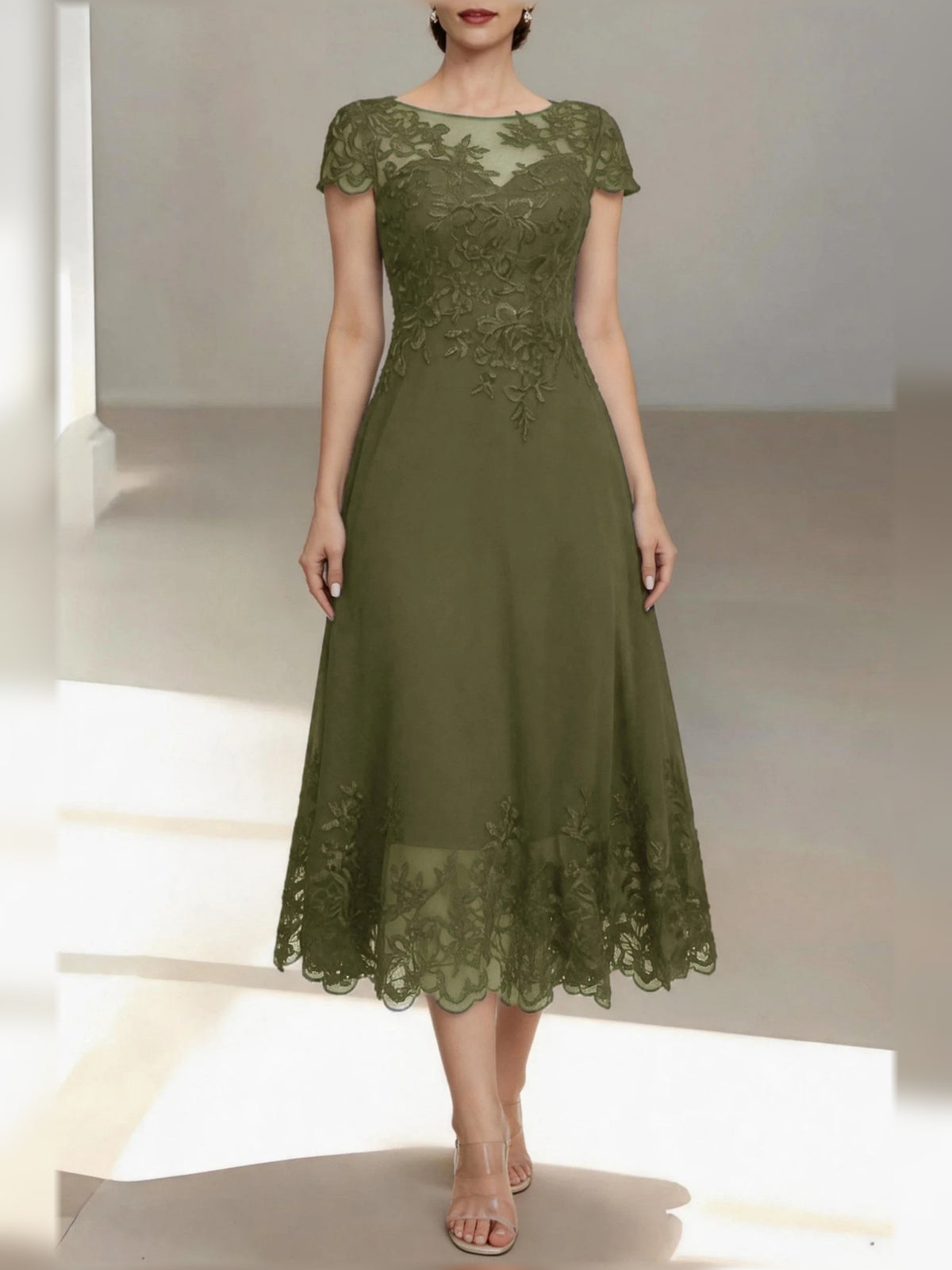 Draped Layered Floral Illusion Neck A-Line Short Chiffon Mother of the Bride Dress for Formal Wedding