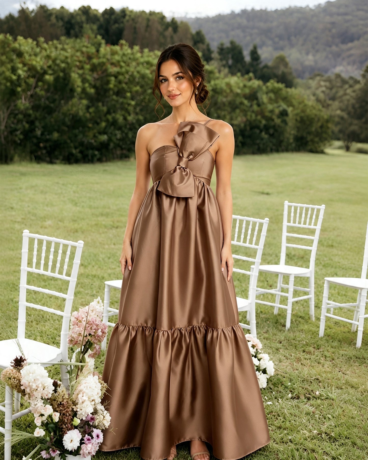 One-Shoulder Satin A-Line Bridesmaid Dress with Statement Ruffle