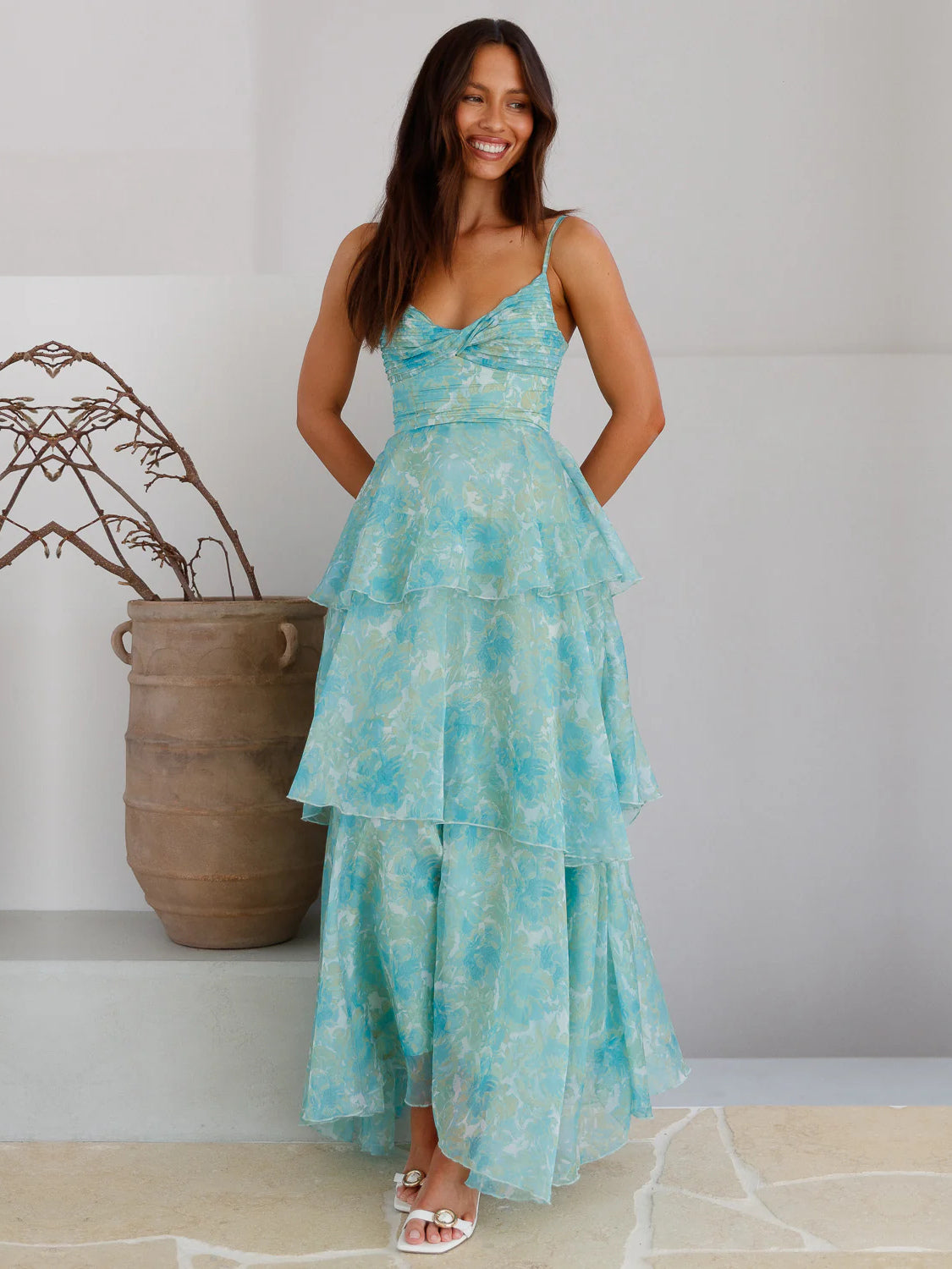 Mint V Neck Spaghetti Strap Tiered Maxi Formal Dress
