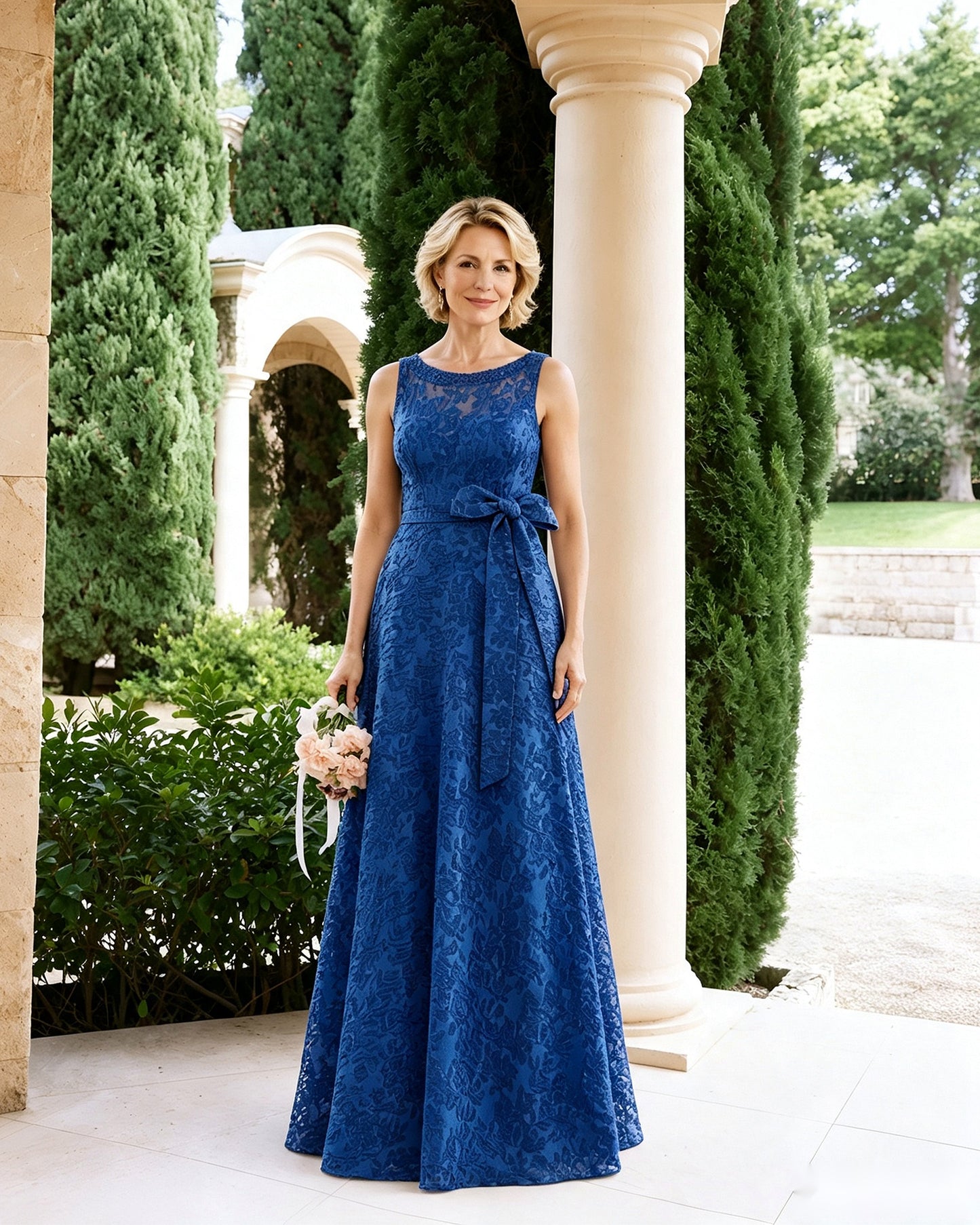 Sleeveless Lace A-Line Mother of the Bride Dress with Sash Bow