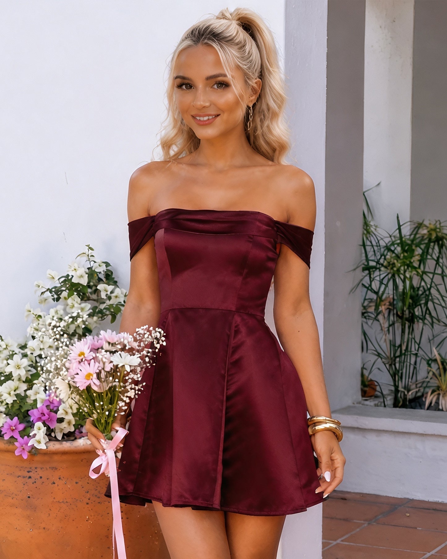 Off-Shoulder Satin A-Line Homecoming Dress with Lace-Up Back