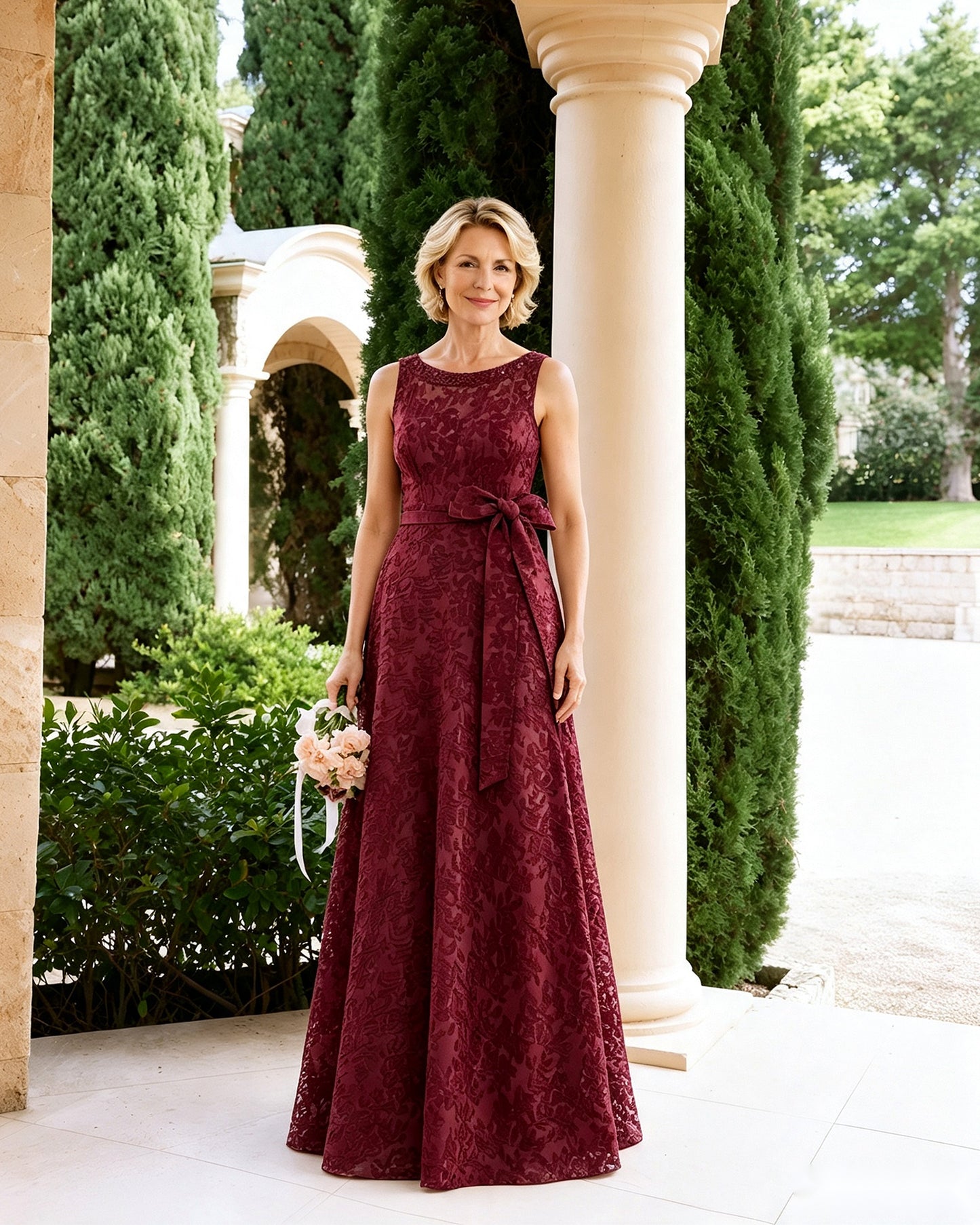 Sleeveless Lace A-Line Mother of the Bride Dress with Sash Bow