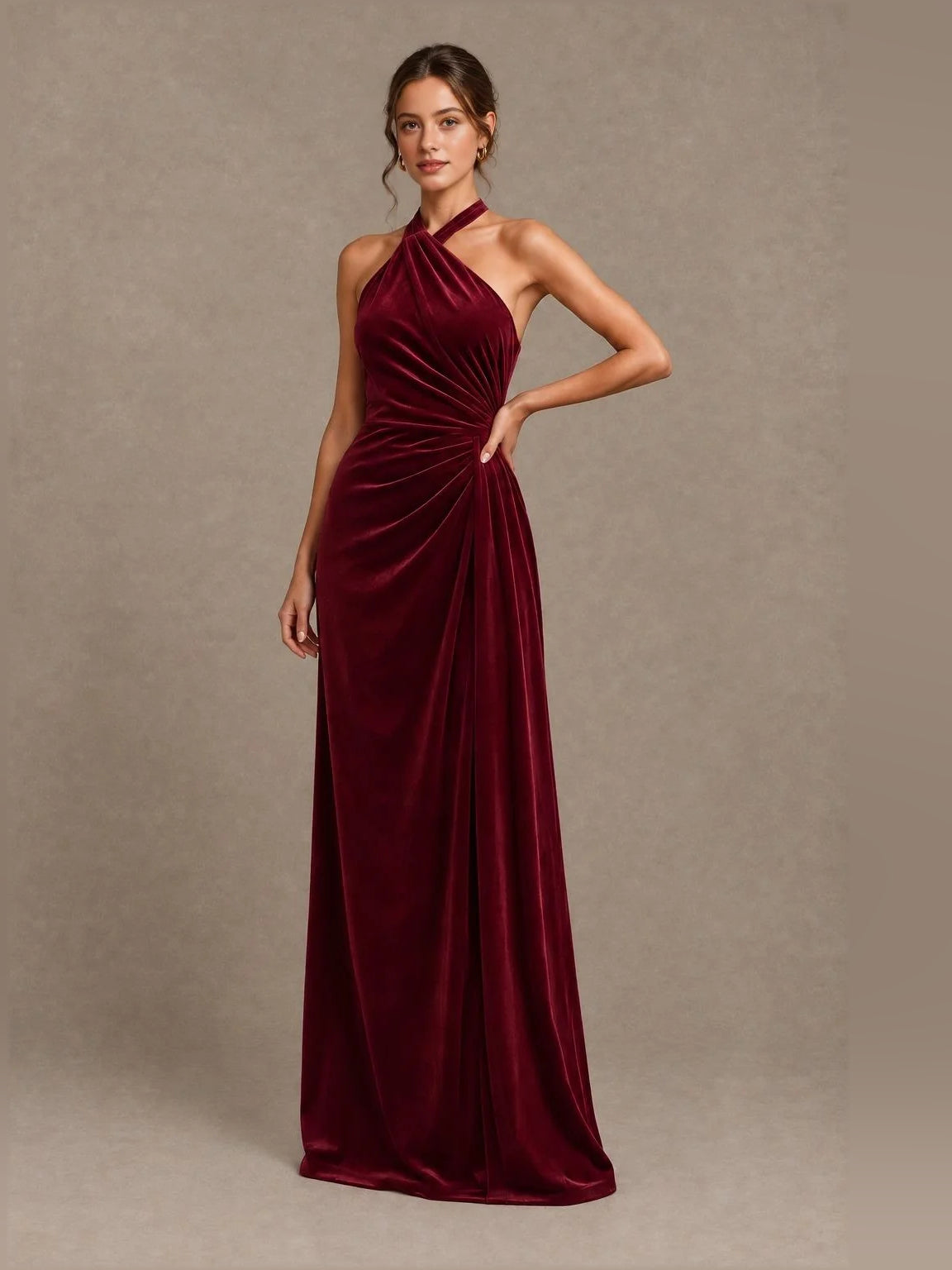 Ruched Draped V Neck Sheath Floor-Length Velvet Bridesmaid Dress for Formal Wedding