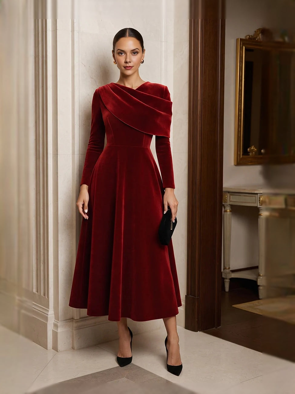 Draped Layered Asymmetrical Neck A-Line Midi Velvet Mother of the Bride Dress for Formal Wedding